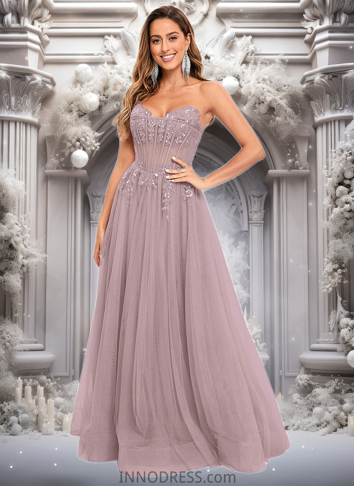 Ina Ball-Gown/Princess V-Neck Floor-Length Tulle Prom Dresses With Sequins Appliques Lace DPP0025837