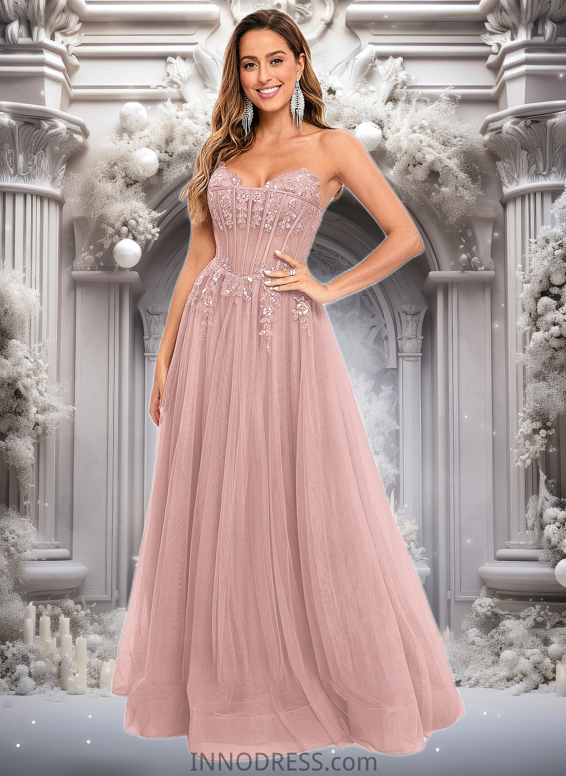 Ina Ball-Gown/Princess V-Neck Floor-Length Tulle Prom Dresses With Sequins Appliques Lace DPP0025837