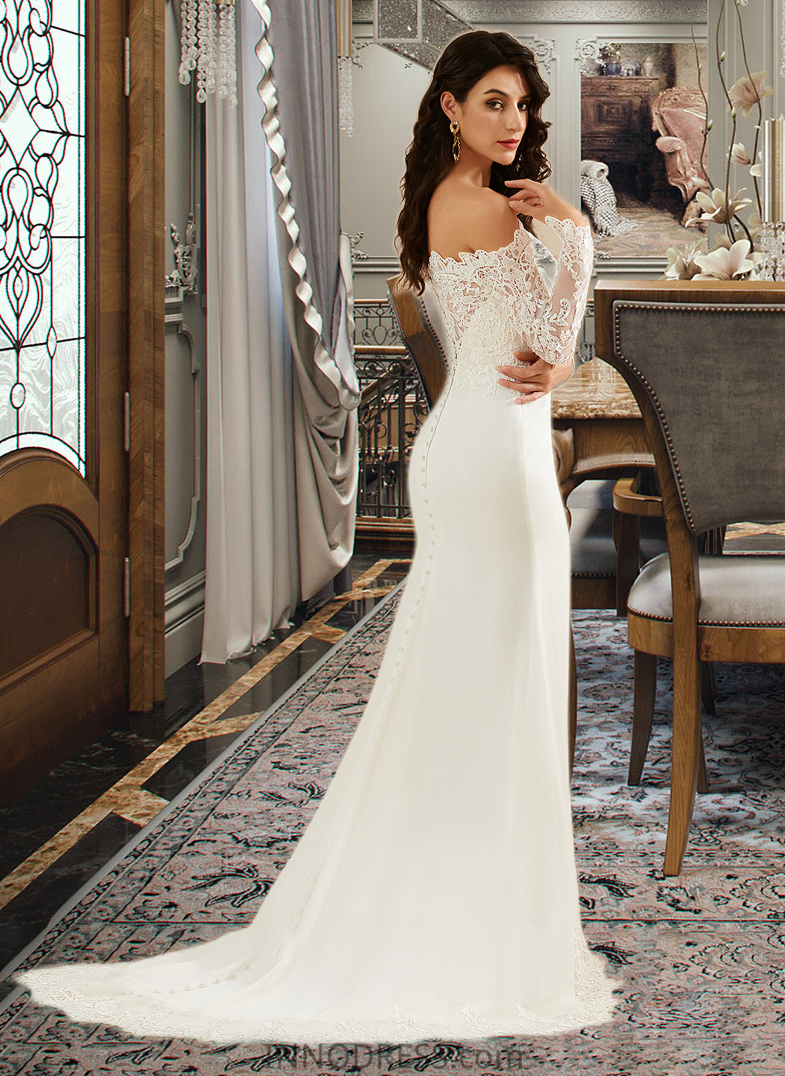 Heidy Trumpet/Mermaid Off-the-Shoulder Court Train Wedding Dress With Lace DPP0013680