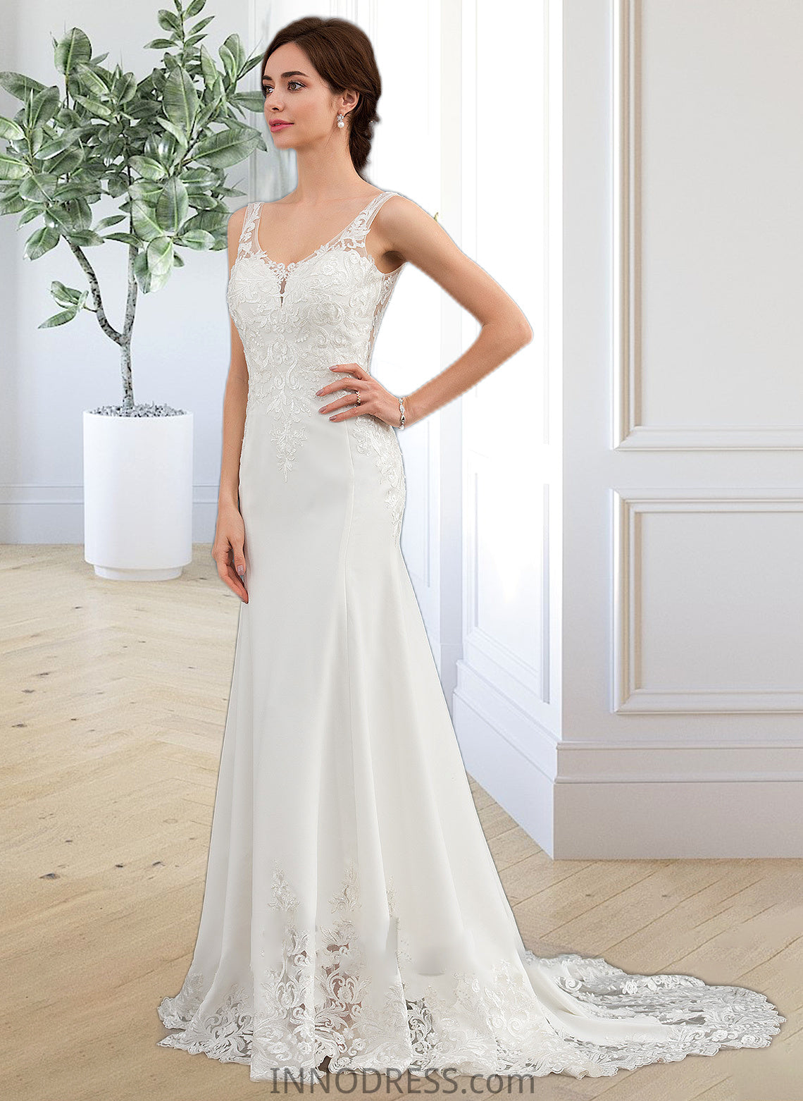 Joanna Trumpet/Mermaid V-neck Court Train Lace Stretch Crepe Wedding Dress With Sequins DPP0013738