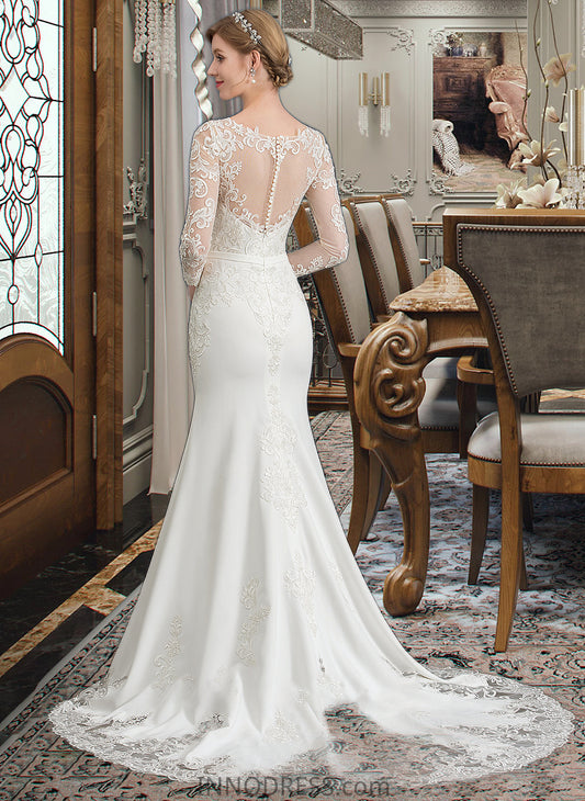 Catherine Trumpet/Mermaid Illusion Chapel Train Stretch Crepe Wedding Dress With Lace DPP0013740