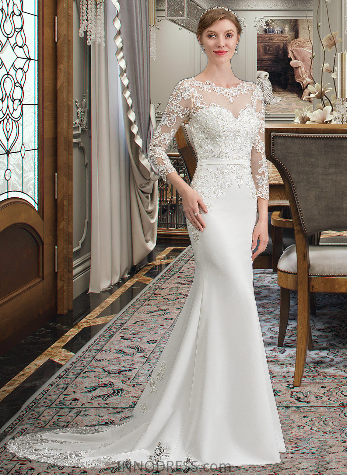 Catherine Trumpet/Mermaid Illusion Chapel Train Stretch Crepe Wedding Dress With Lace DPP0013740