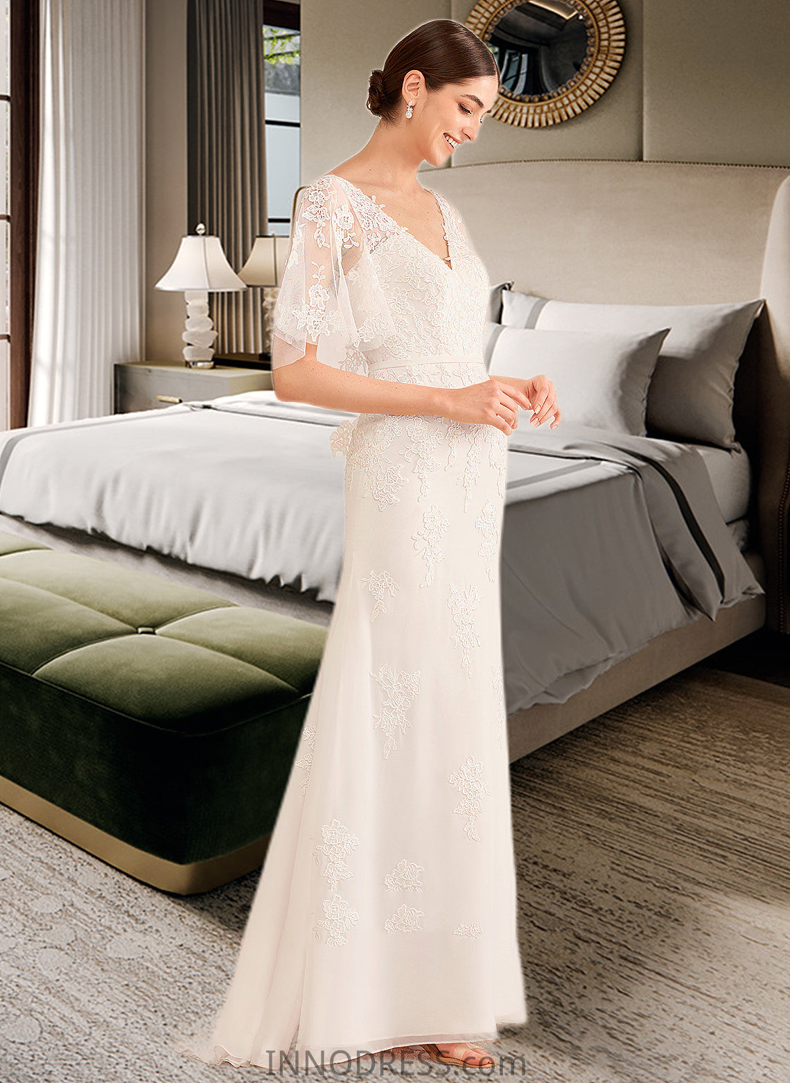 Reagan Trumpet/Mermaid V-neck Court Train Wedding Dress With Sash DPP0013744