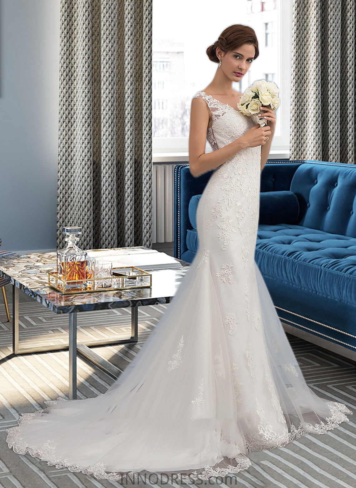 Nevaeh Trumpet/Mermaid V-neck Court Train Tulle Wedding Dress DPP0013758