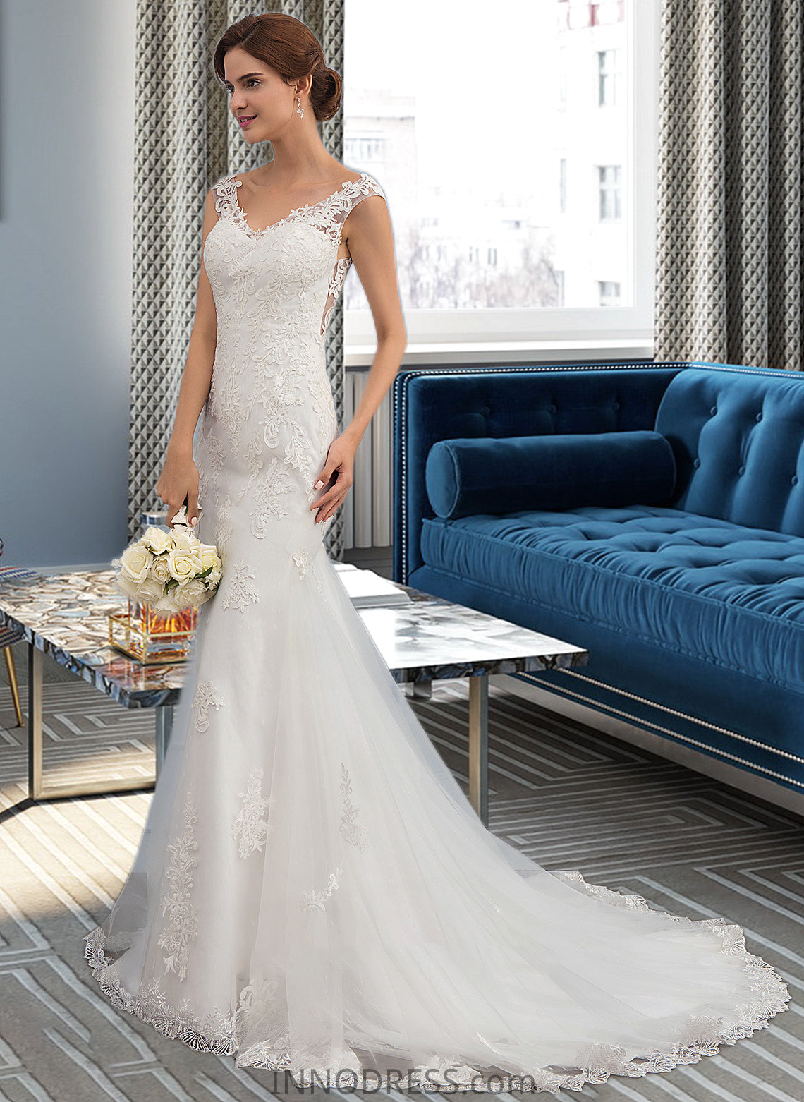 Nevaeh Trumpet/Mermaid V-neck Court Train Tulle Wedding Dress DPP0013758