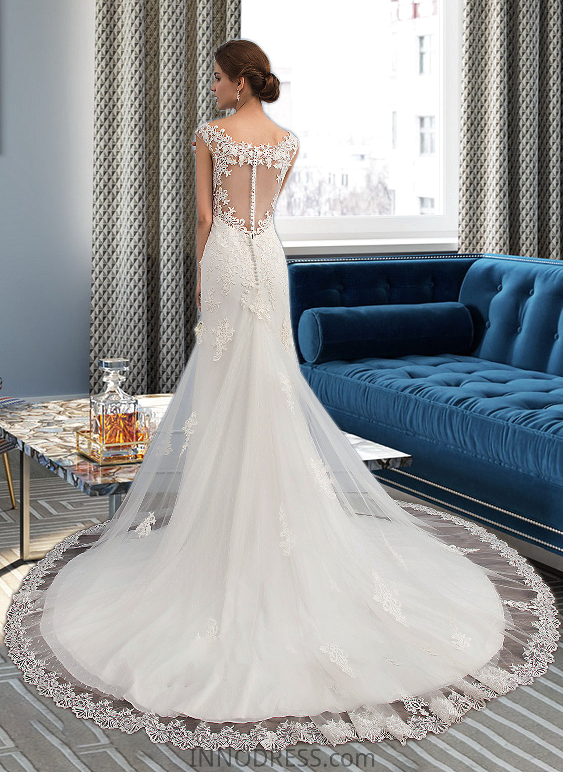 Nevaeh Trumpet/Mermaid V-neck Court Train Tulle Wedding Dress DPP0013758