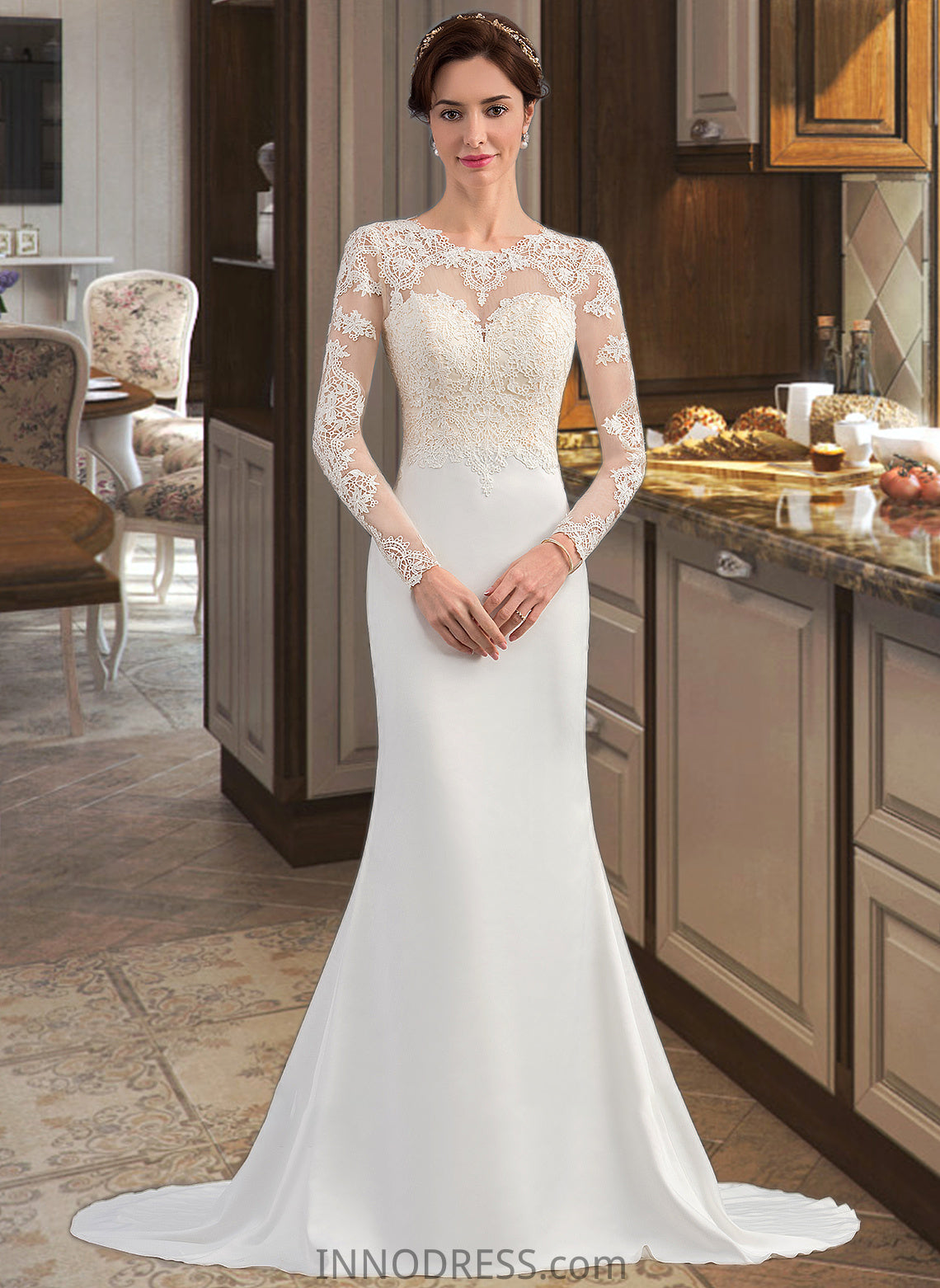 Shyann Trumpet/Mermaid Illusion Sweep Train Stretch Crepe Wedding Dress DPP0013767