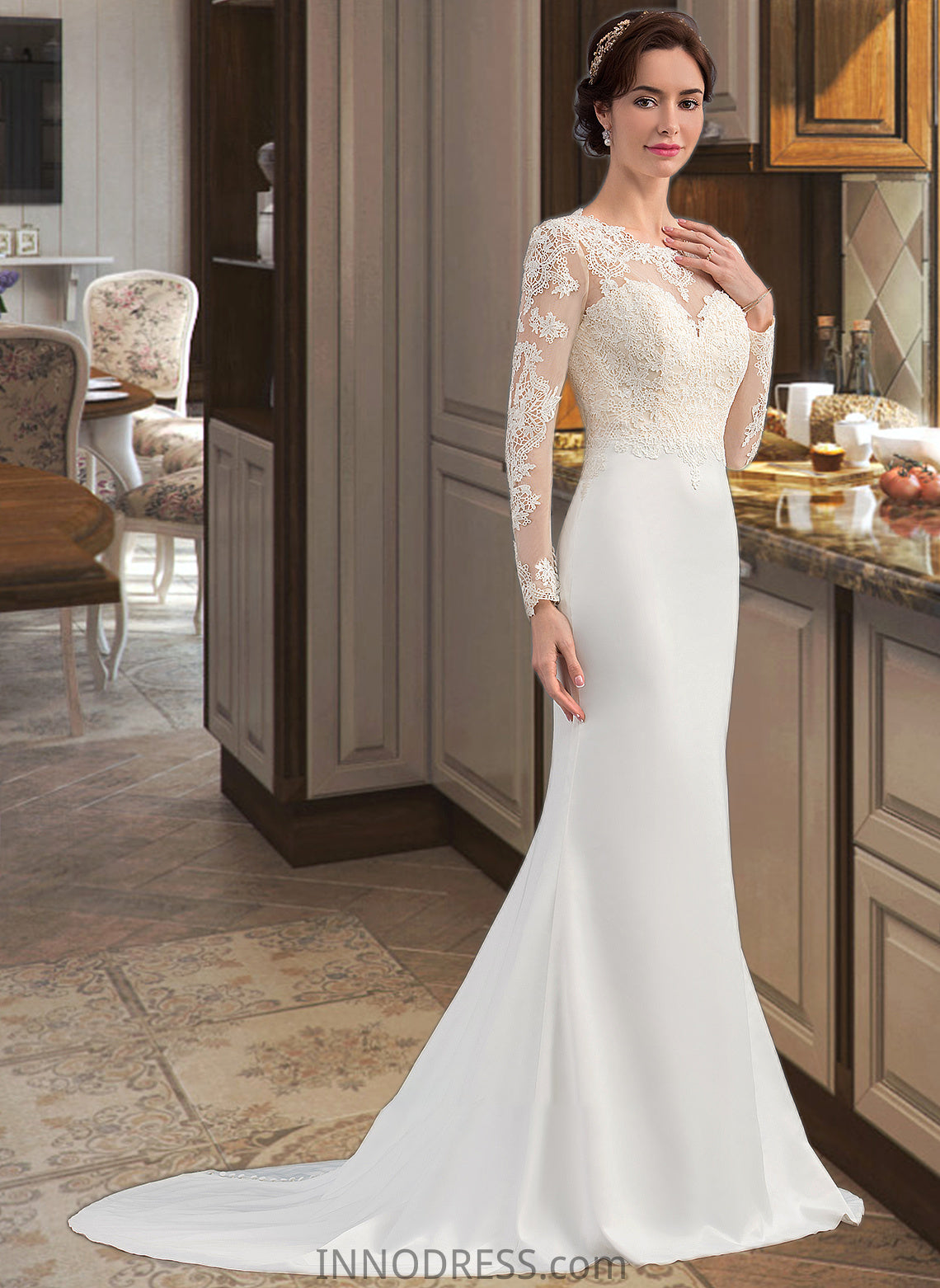 Shyann Trumpet/Mermaid Illusion Sweep Train Stretch Crepe Wedding Dress DPP0013767