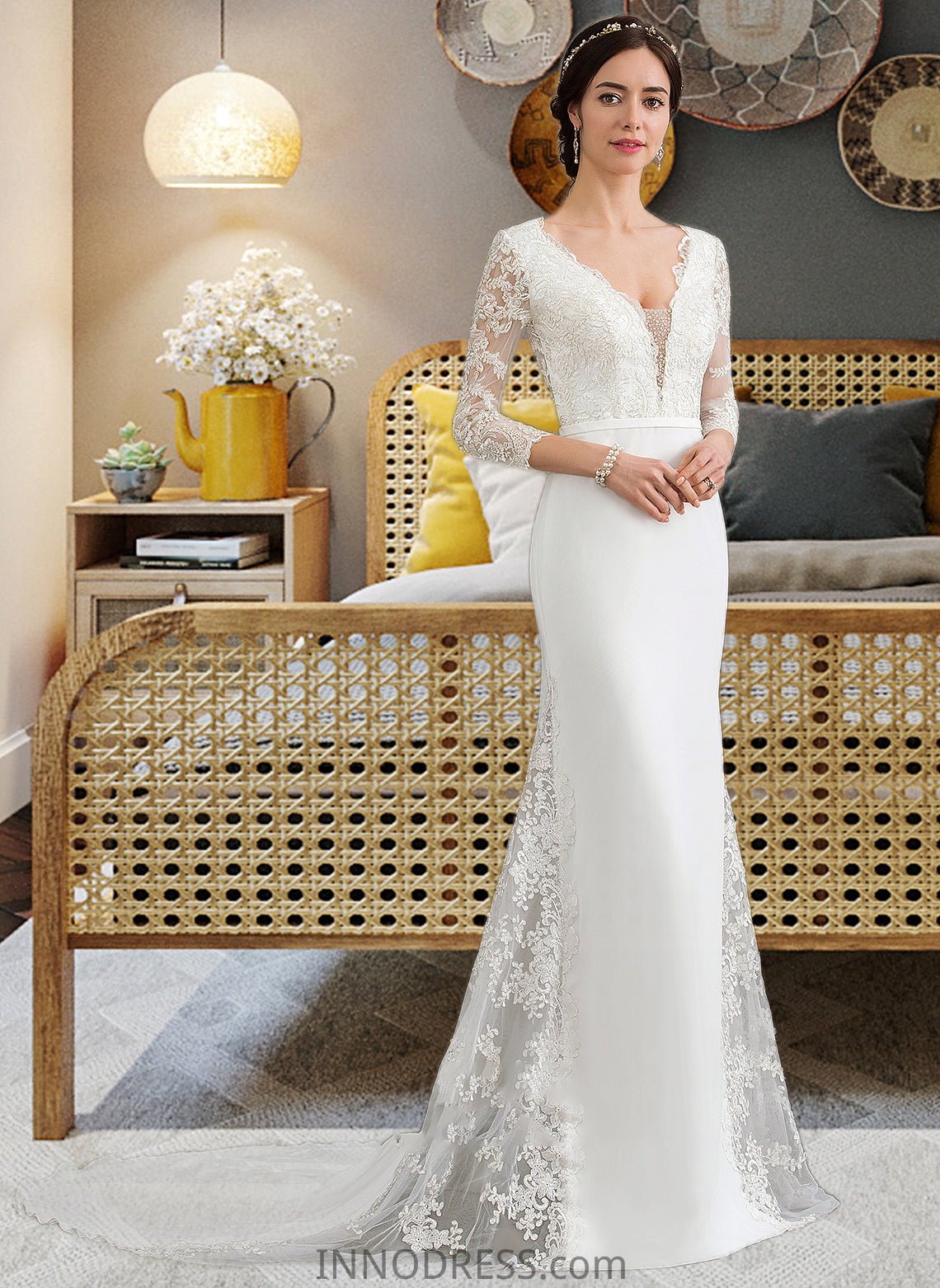 Cynthia Trumpet/Mermaid V-neck Chapel Train Chiffon Wedding Dress With Beading Sequins DPP0013795