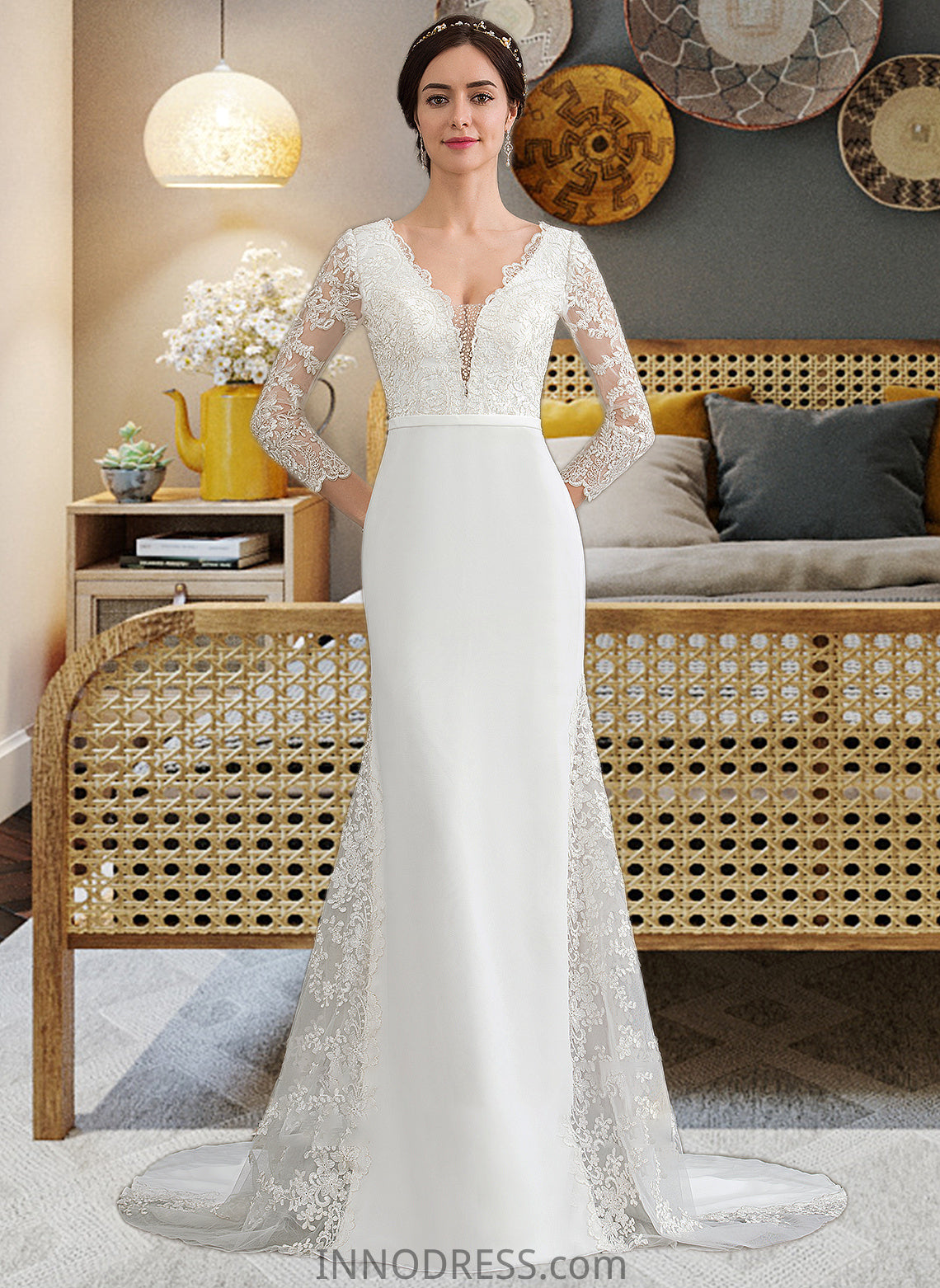 Cynthia Trumpet/Mermaid V-neck Chapel Train Chiffon Wedding Dress With Beading Sequins DPP0013795