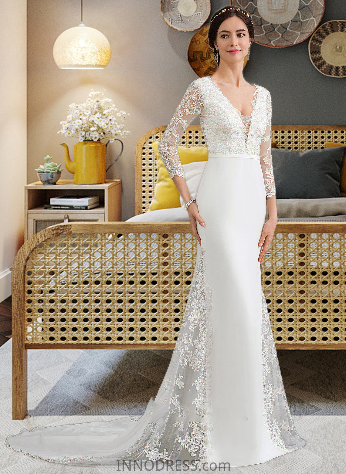 Cynthia Trumpet/Mermaid V-neck Chapel Train Chiffon Wedding Dress With Beading Sequins DPP0013795