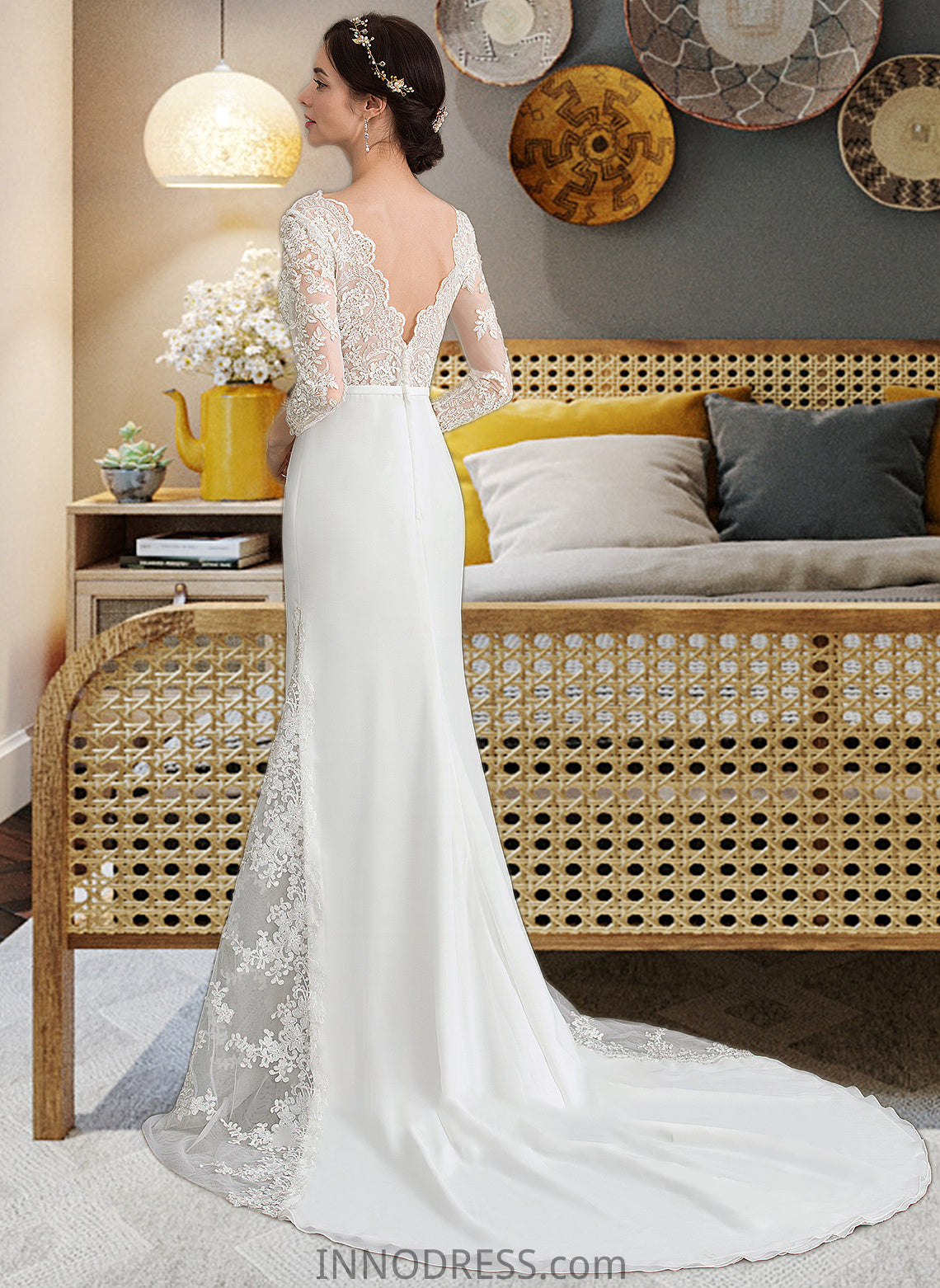 Cynthia Trumpet/Mermaid V-neck Chapel Train Chiffon Wedding Dress With Beading Sequins DPP0013795