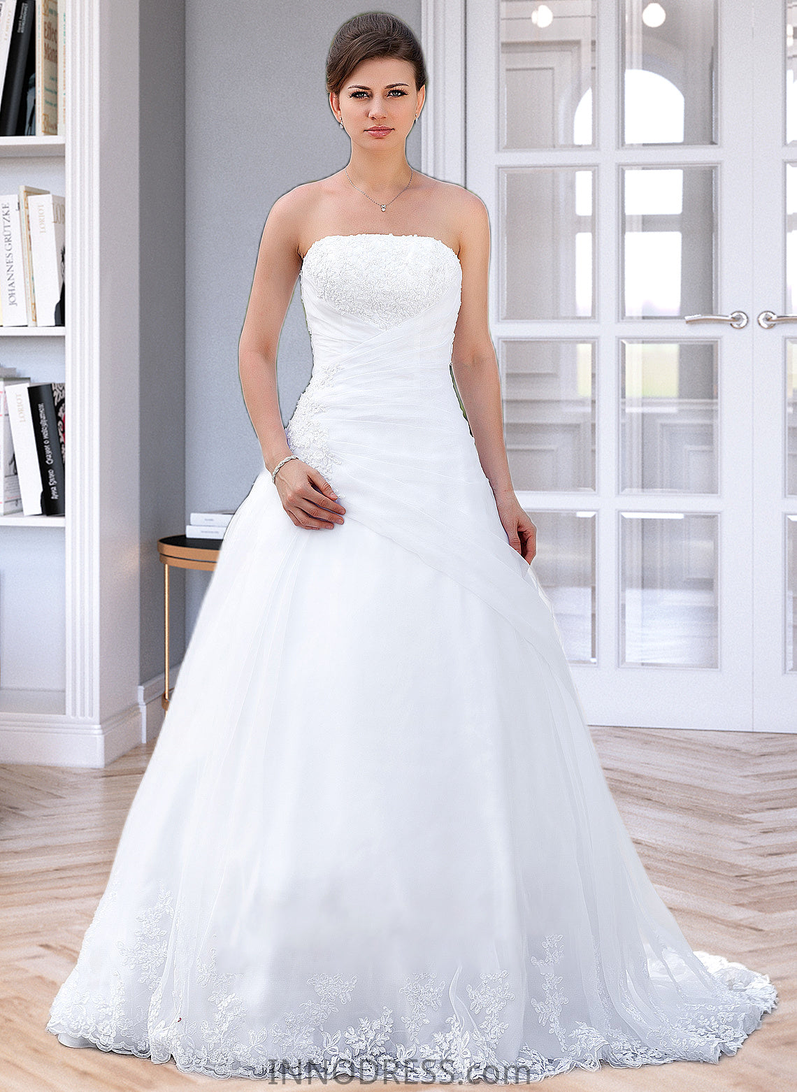 Kenzie Ball-Gown/Princess Strapless Chapel Train Satin Organza Wedding Dress With Lace Beading DPP0013796