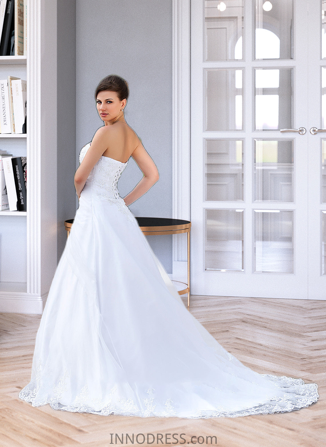 Kenzie Ball-Gown/Princess Strapless Chapel Train Satin Organza Wedding Dress With Lace Beading DPP0013796