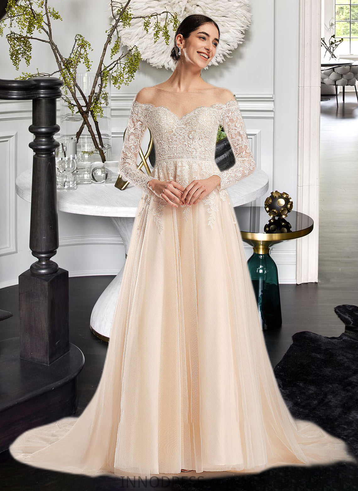 Salome Ball-Gown/Princess Illusion Chapel Train Wedding Dress With Sequins DPP0013798