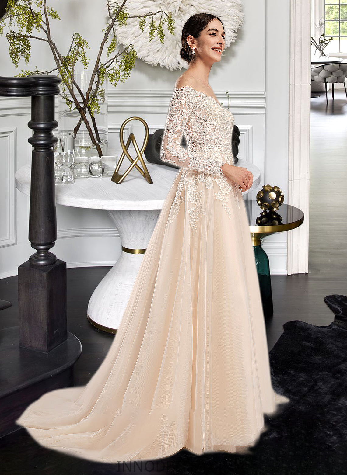 Salome Ball-Gown/Princess Illusion Chapel Train Wedding Dress With Sequins DPP0013798