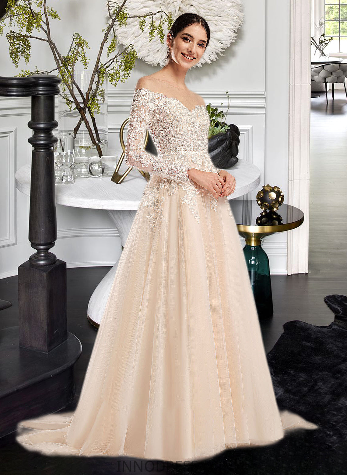 Salome Ball-Gown/Princess Illusion Chapel Train Wedding Dress With Sequins DPP0013798