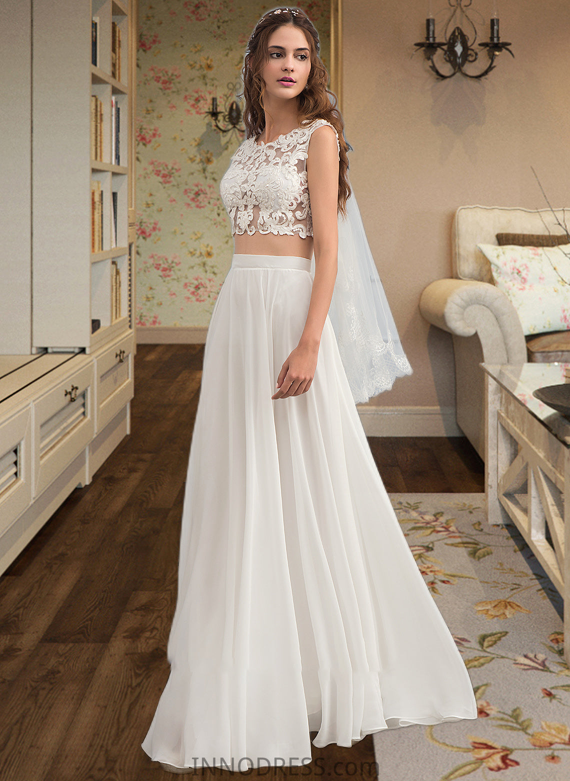 Laurel A-Line Scoop Neck Floor-Length Chiffon Wedding Dress With Beading Sequins DPP0013799