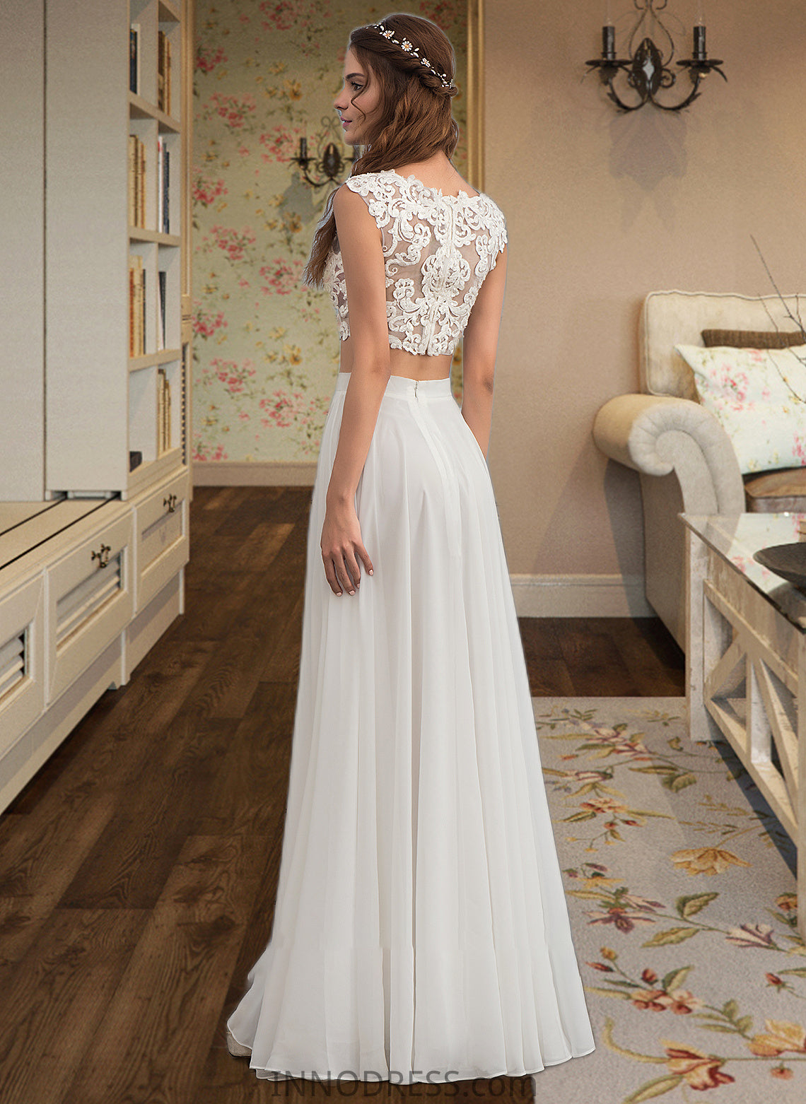 Laurel A-Line Scoop Neck Floor-Length Chiffon Wedding Dress With Beading Sequins DPP0013799