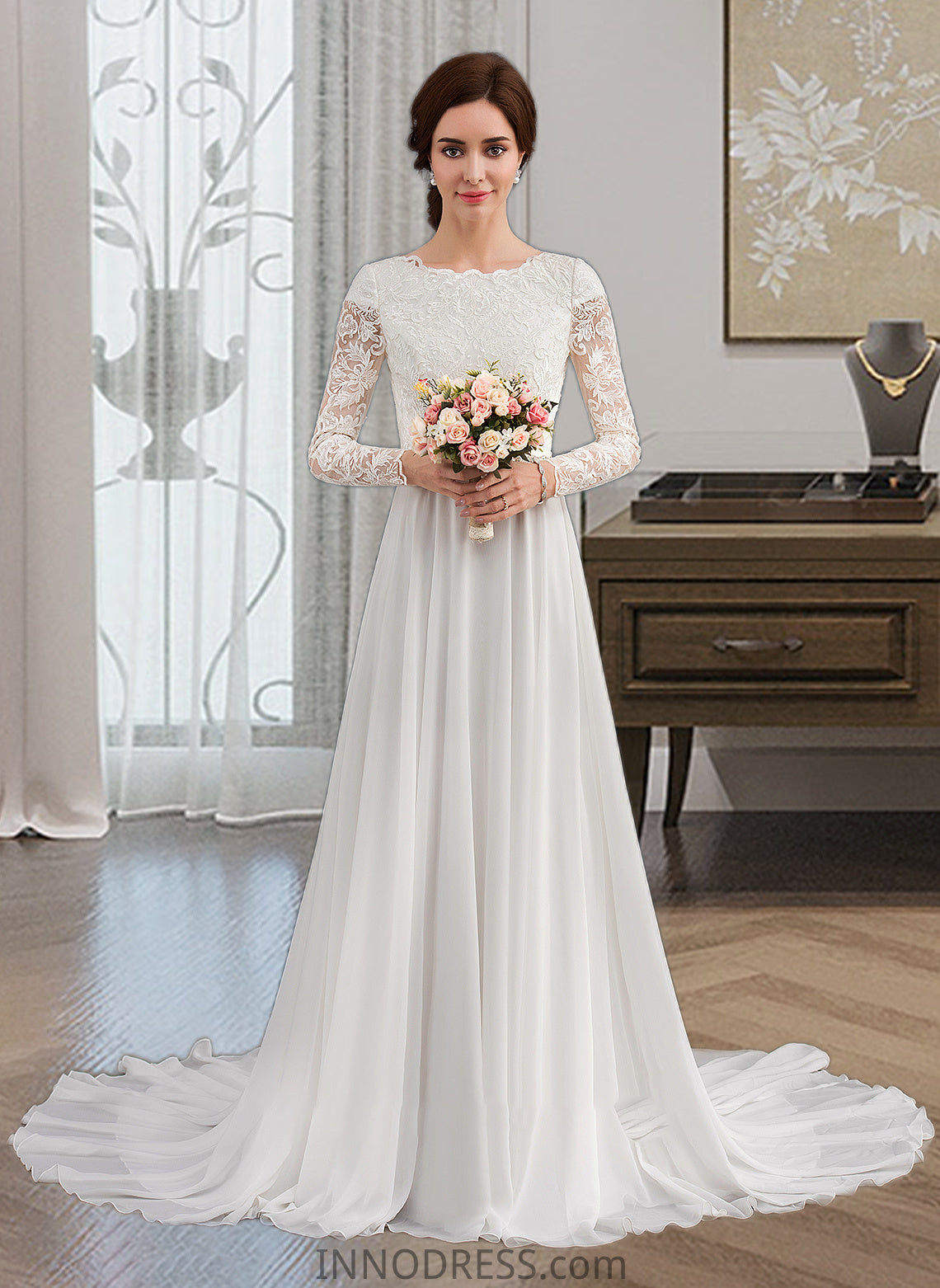 Perla A-Line Scoop Neck Court Train Chiffon Wedding Dress With Beading DPP0013800