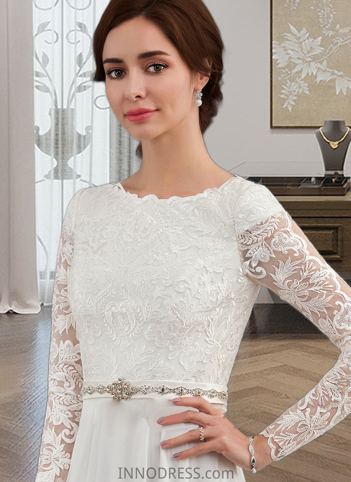 Perla A-Line Scoop Neck Court Train Chiffon Wedding Dress With Beading DPP0013800