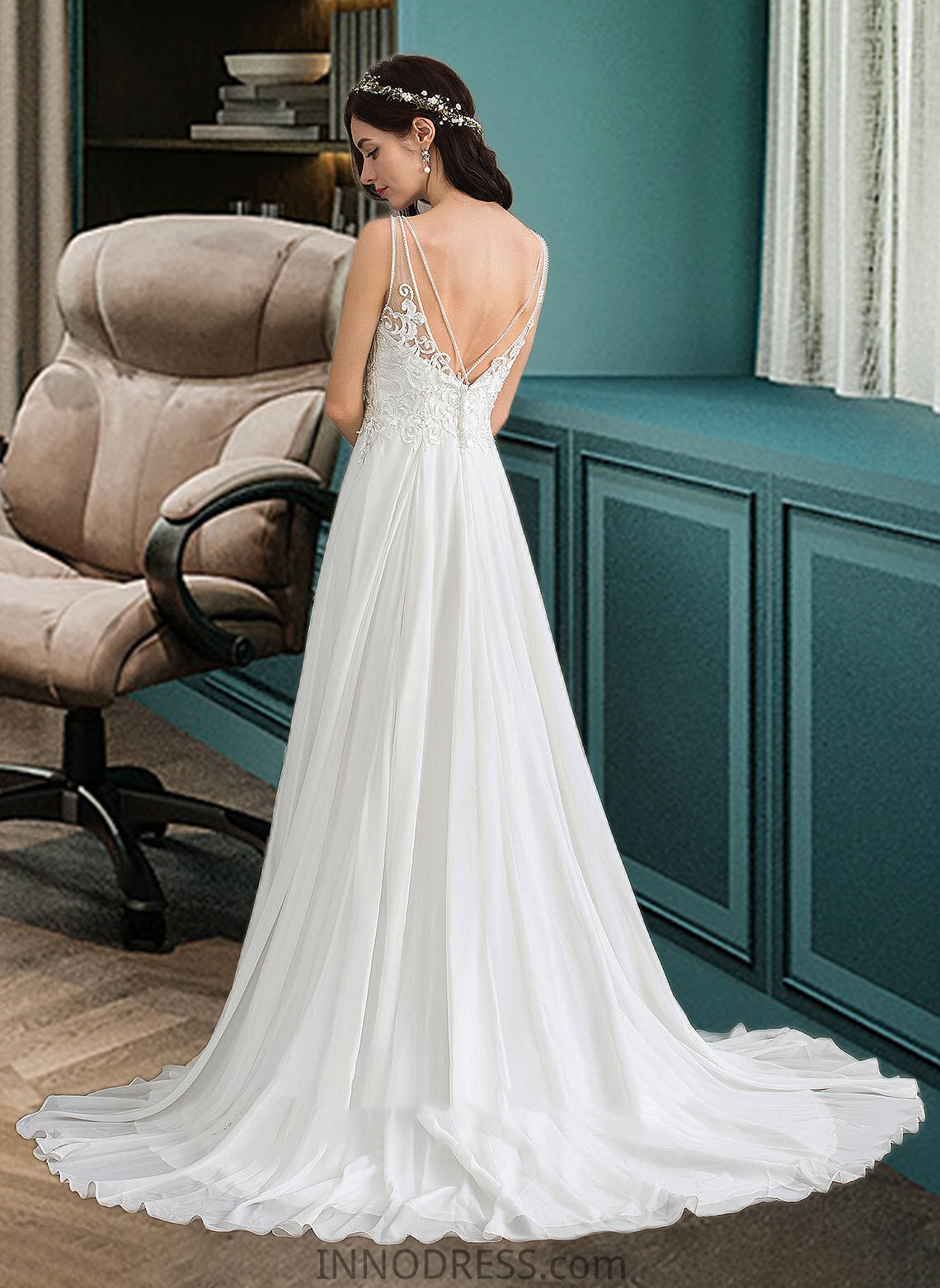 Elisa A-Line V-neck Sweep Train Chiffon Wedding Dress With Beading Sequins Split Front DPP0013806