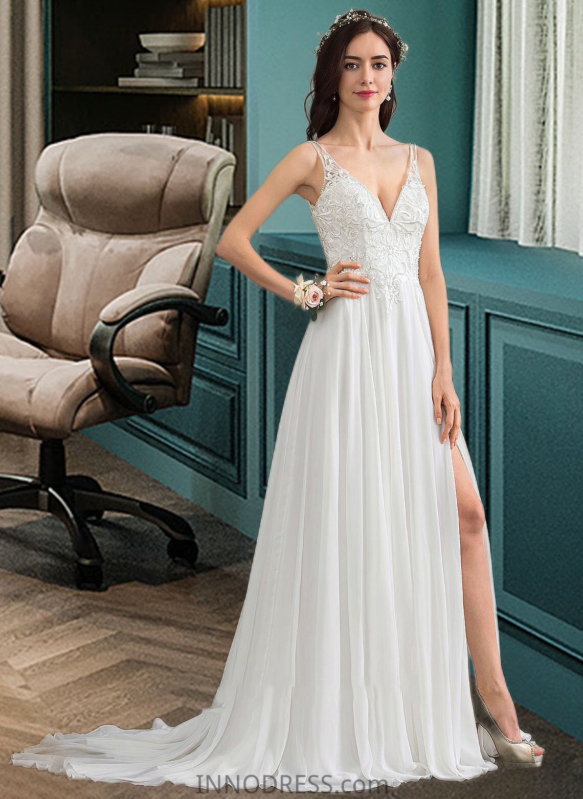 Elisa A-Line V-neck Sweep Train Chiffon Wedding Dress With Beading Sequins Split Front DPP0013806