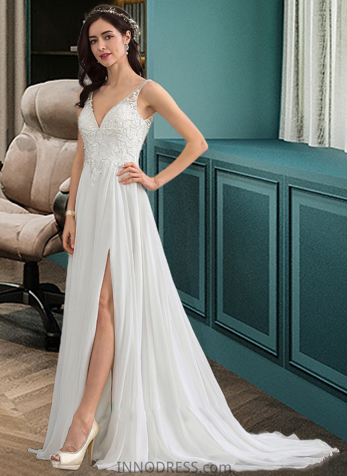 Elisa A-Line V-neck Sweep Train Chiffon Wedding Dress With Beading Sequins Split Front DPP0013806