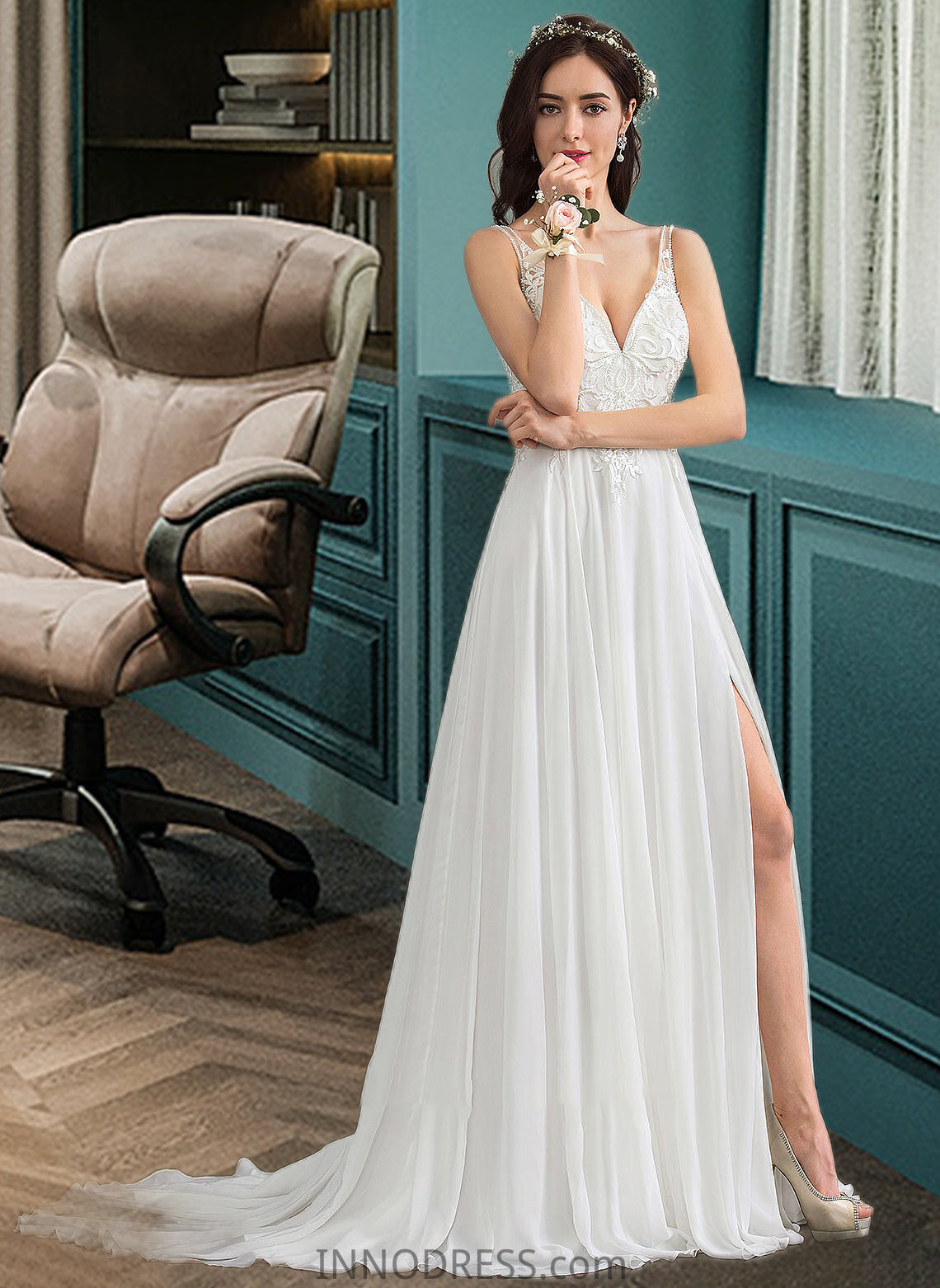 Elisa A-Line V-neck Sweep Train Chiffon Wedding Dress With Beading Sequins Split Front DPP0013806