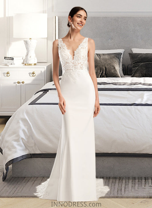 Allie Sheath/Column V-neck Court Train Wedding Dress With Sequins DPP0013807