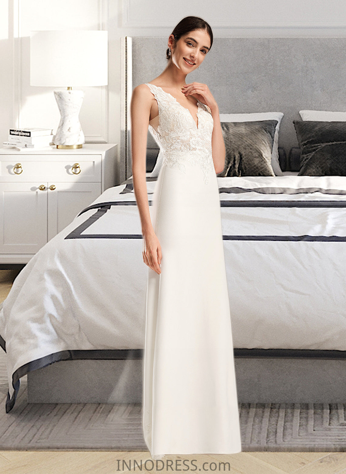 Allie Sheath/Column V-neck Court Train Wedding Dress With Sequins DPP0013807