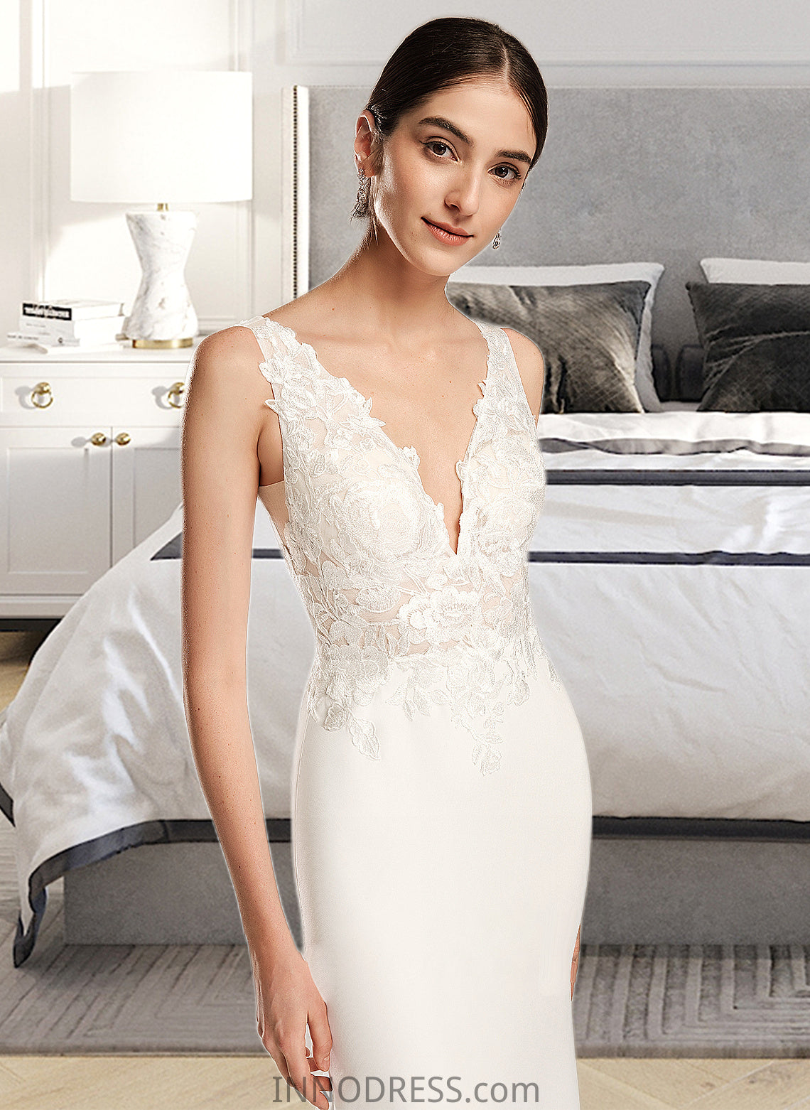 Allie Sheath/Column V-neck Court Train Wedding Dress With Sequins DPP0013807