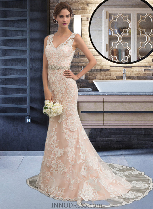 Kiera Trumpet/Mermaid V-neck Chapel Train Tulle Lace Wedding Dress With Beading DPP0013810