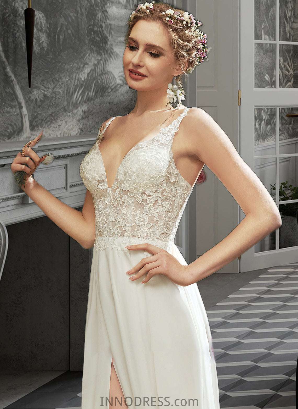 Ariella A-Line V-neck Floor-Length Wedding Dress With Lace Split Front DPP0013815