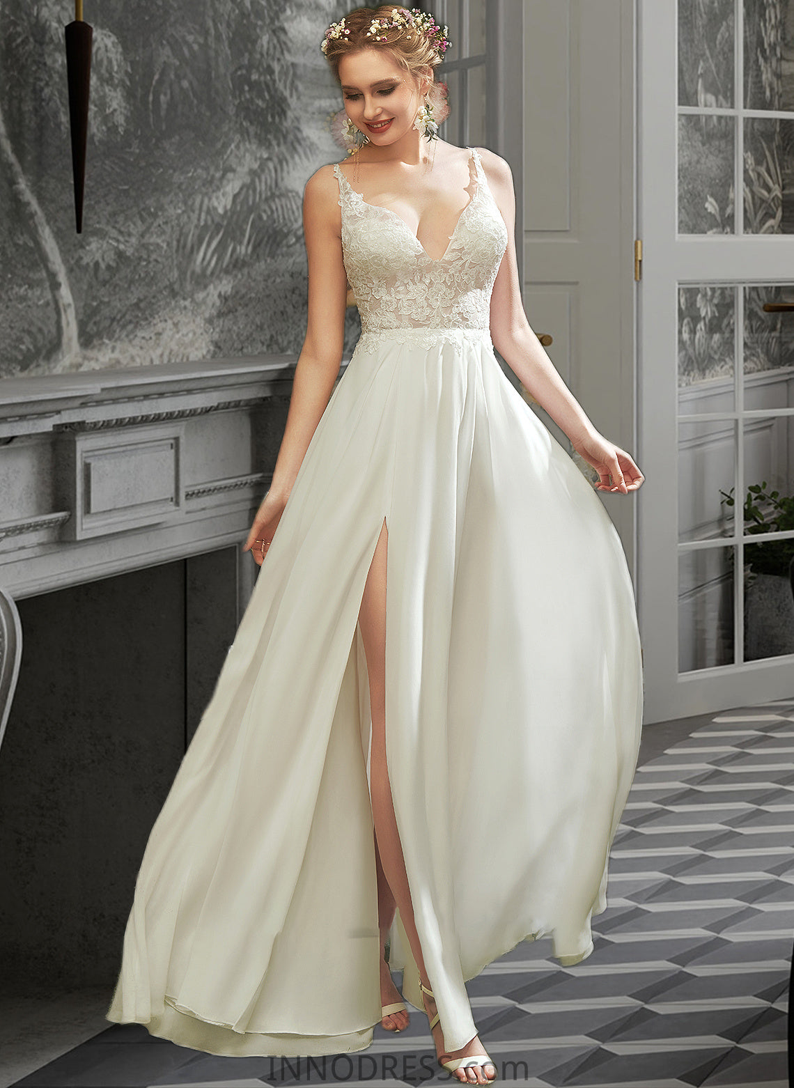 Ariella A-Line V-neck Floor-Length Wedding Dress With Lace Split Front DPP0013815