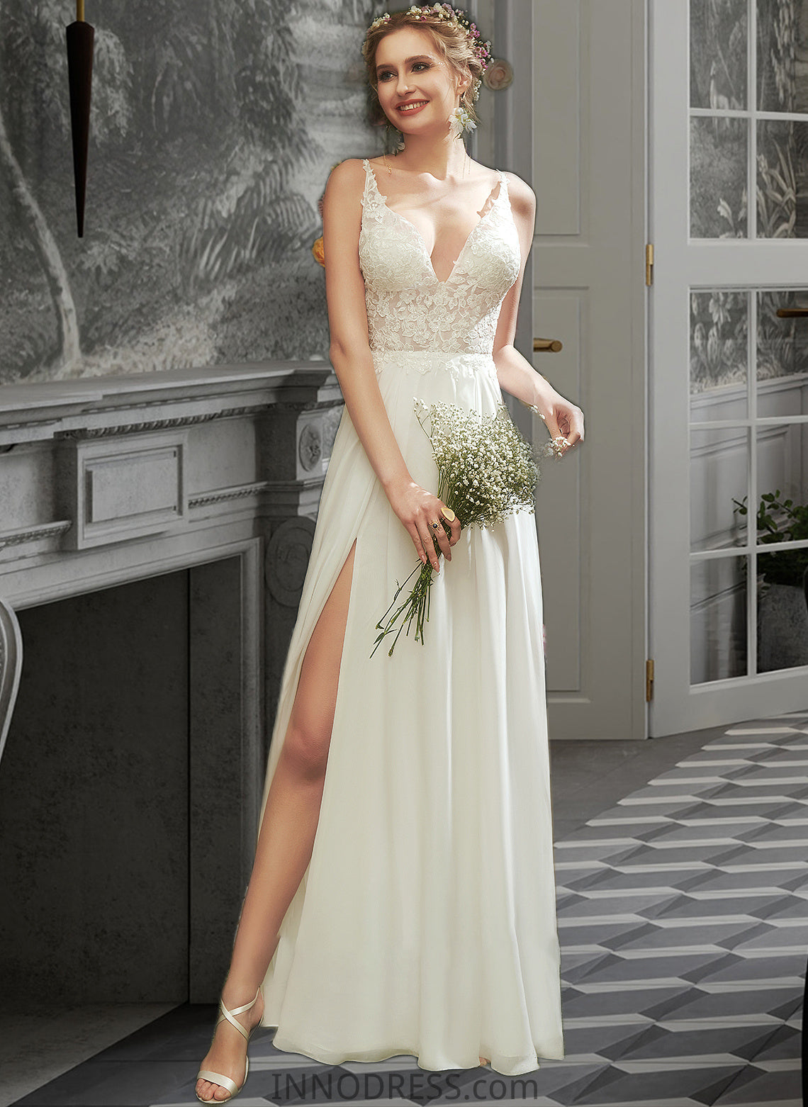 Ariella A-Line V-neck Floor-Length Wedding Dress With Lace Split Front DPP0013815