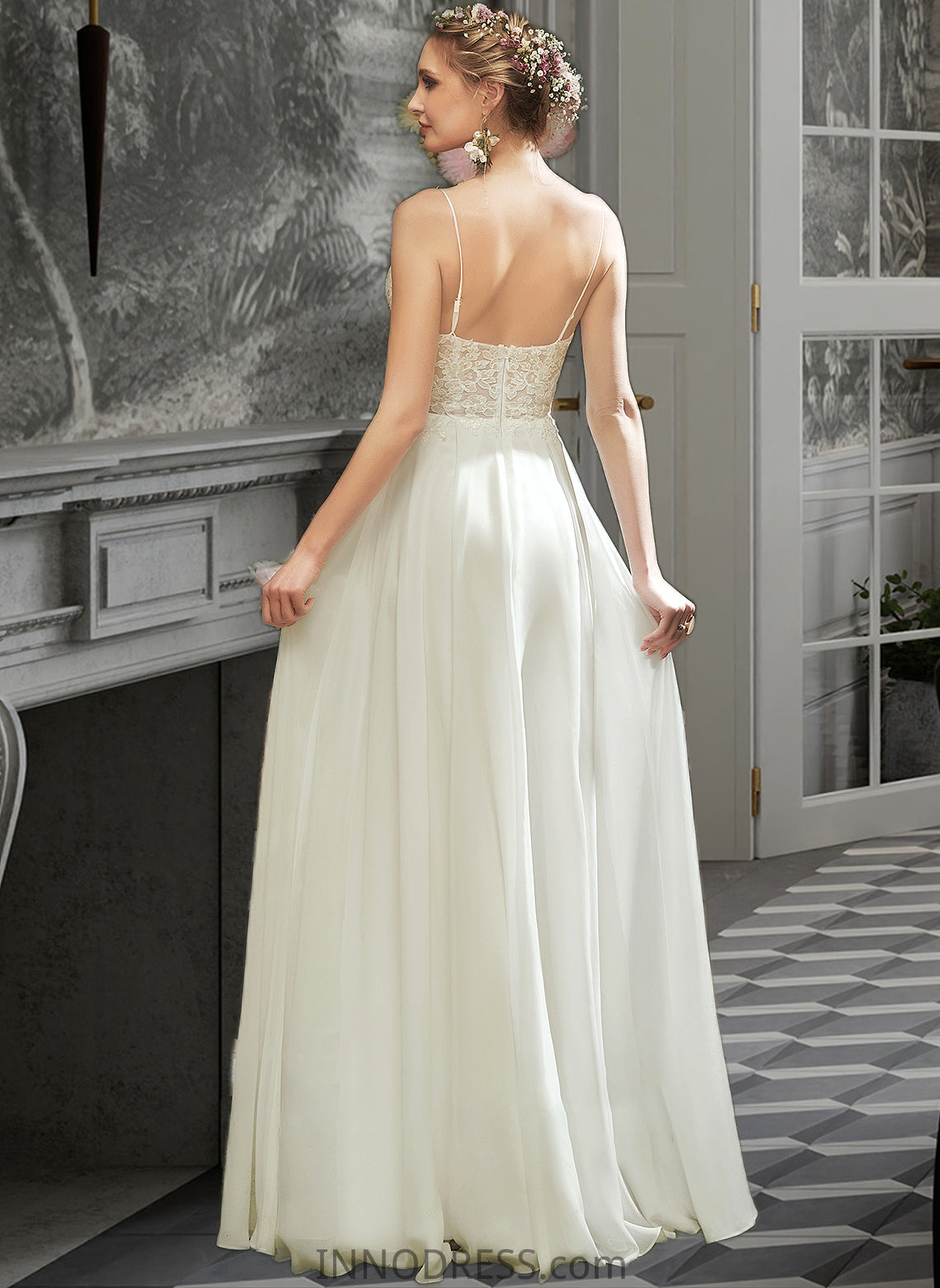 Ariella A-Line V-neck Floor-Length Wedding Dress With Lace Split Front DPP0013815