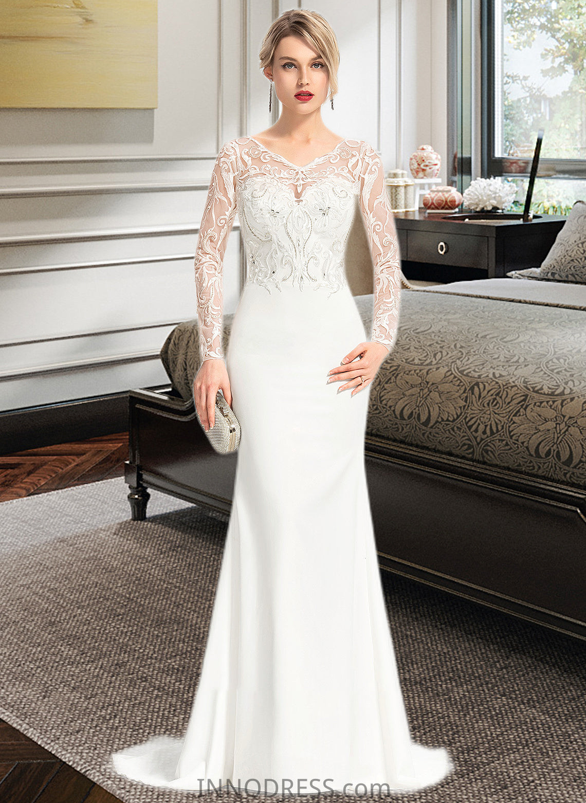 Mireya Trumpet/Mermaid V-neck Sweep Train Stretch Crepe Wedding Dress With Beading Sequins DPP0013816