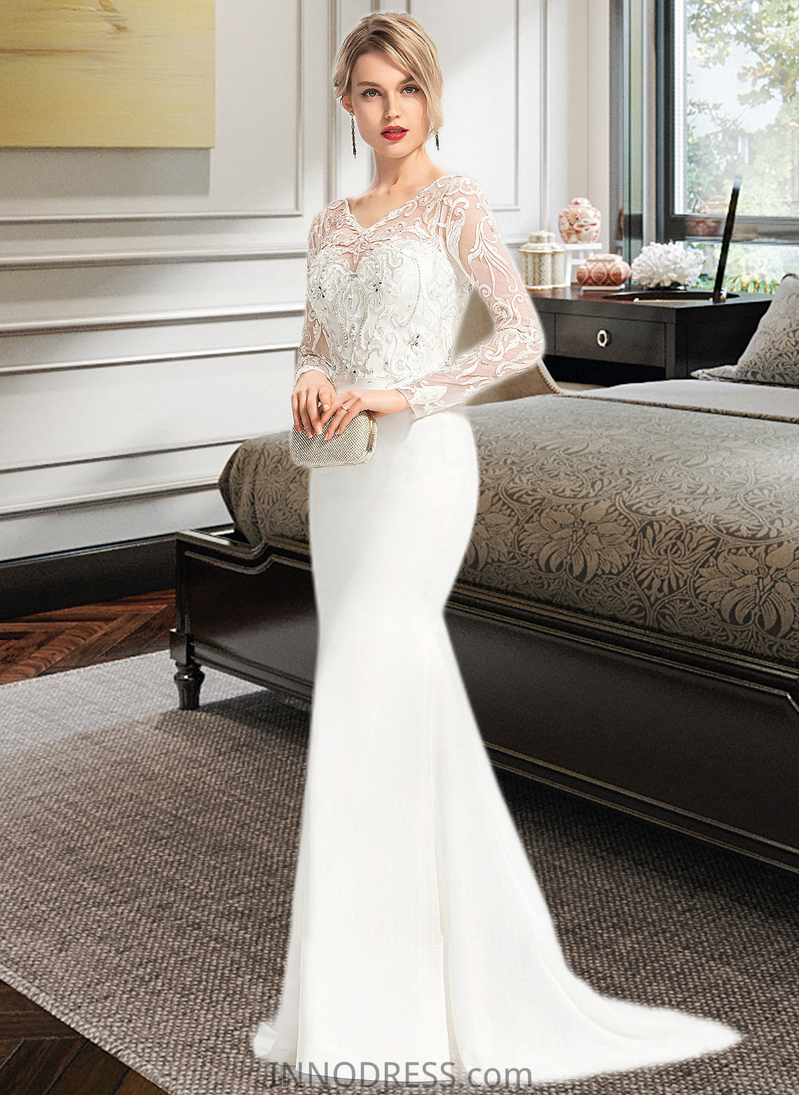 Mireya Trumpet/Mermaid V-neck Sweep Train Stretch Crepe Wedding Dress With Beading Sequins DPP0013816