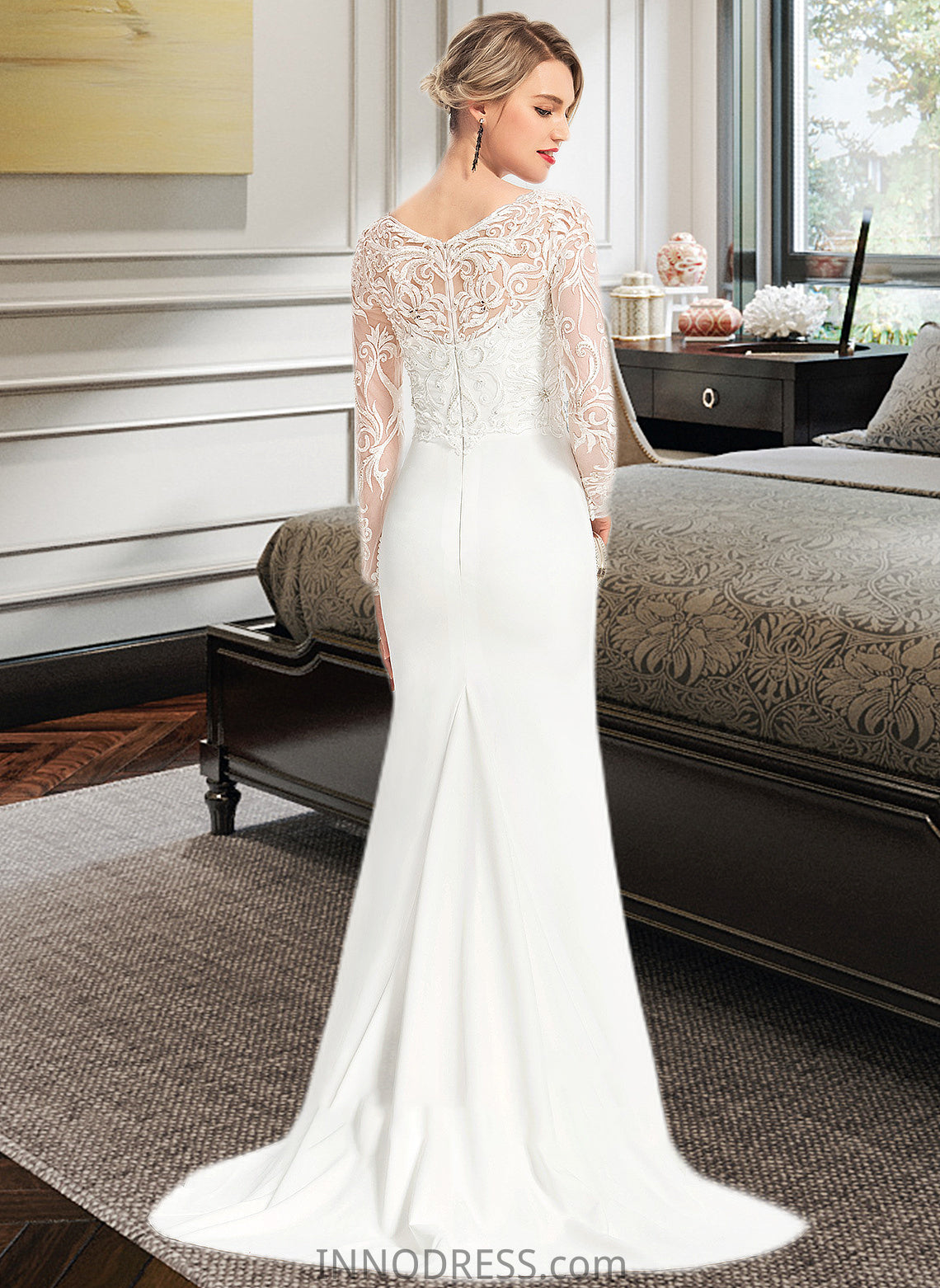 Mireya Trumpet/Mermaid V-neck Sweep Train Stretch Crepe Wedding Dress With Beading Sequins DPP0013816