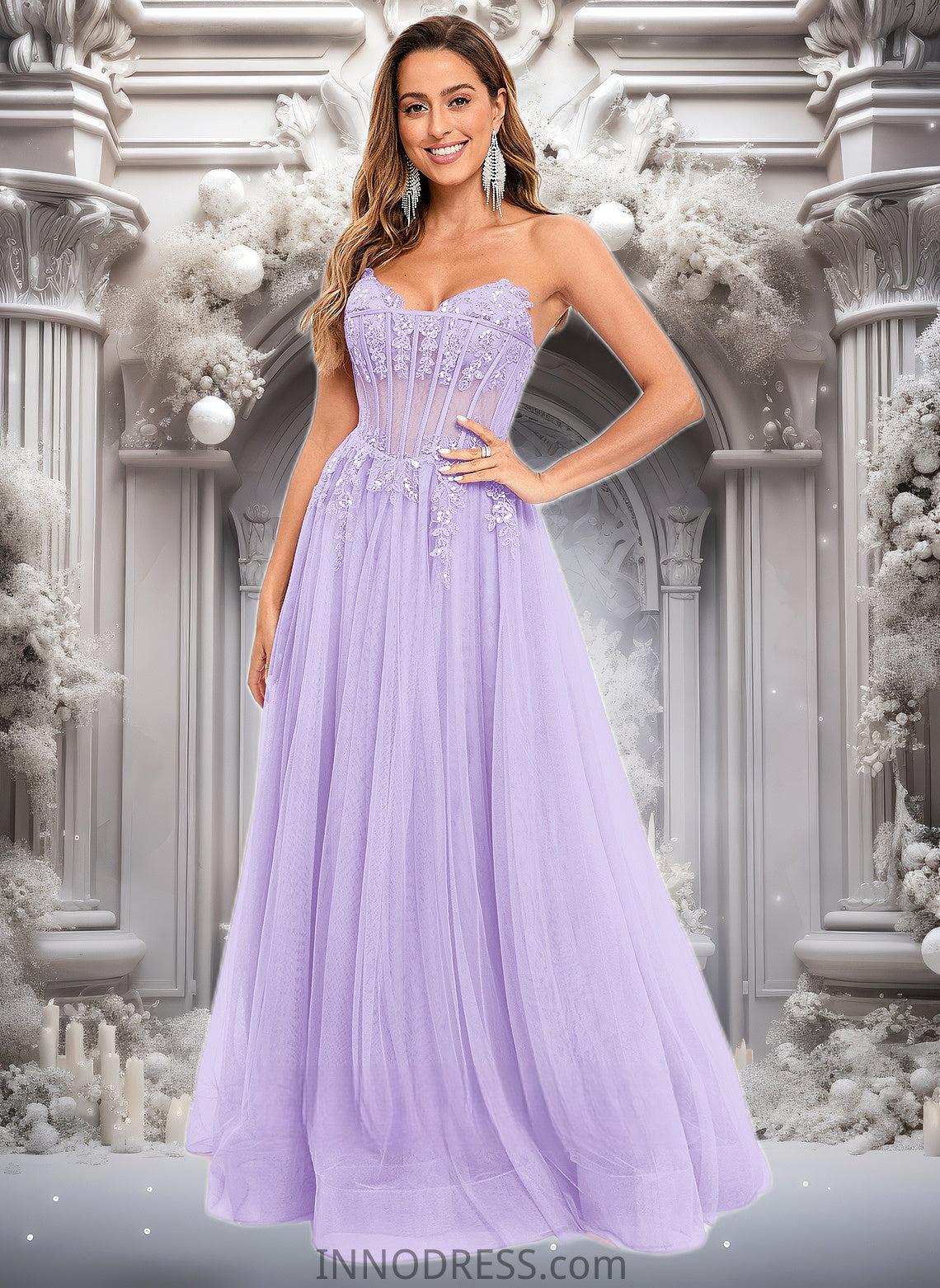 Ina Ball-Gown/Princess V-Neck Floor-Length Tulle Prom Dresses With Sequins Appliques Lace DPP0025837