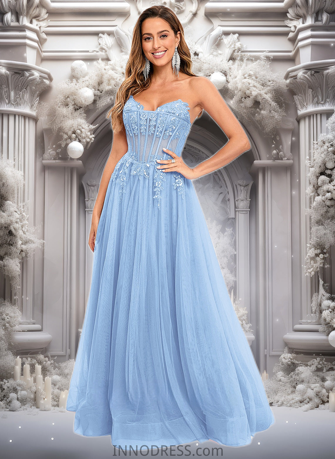 Ina Ball-Gown/Princess V-Neck Floor-Length Tulle Prom Dresses With Sequins Appliques Lace DPP0025837