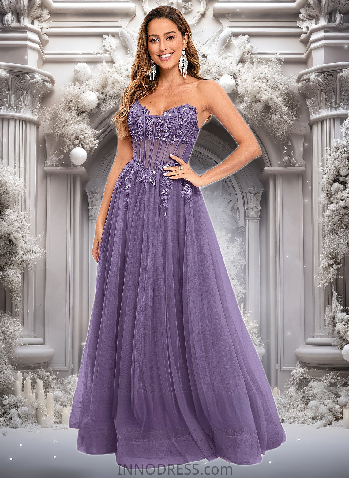 Ina Ball-Gown/Princess V-Neck Floor-Length Tulle Prom Dresses With Sequins Appliques Lace DPP0025837