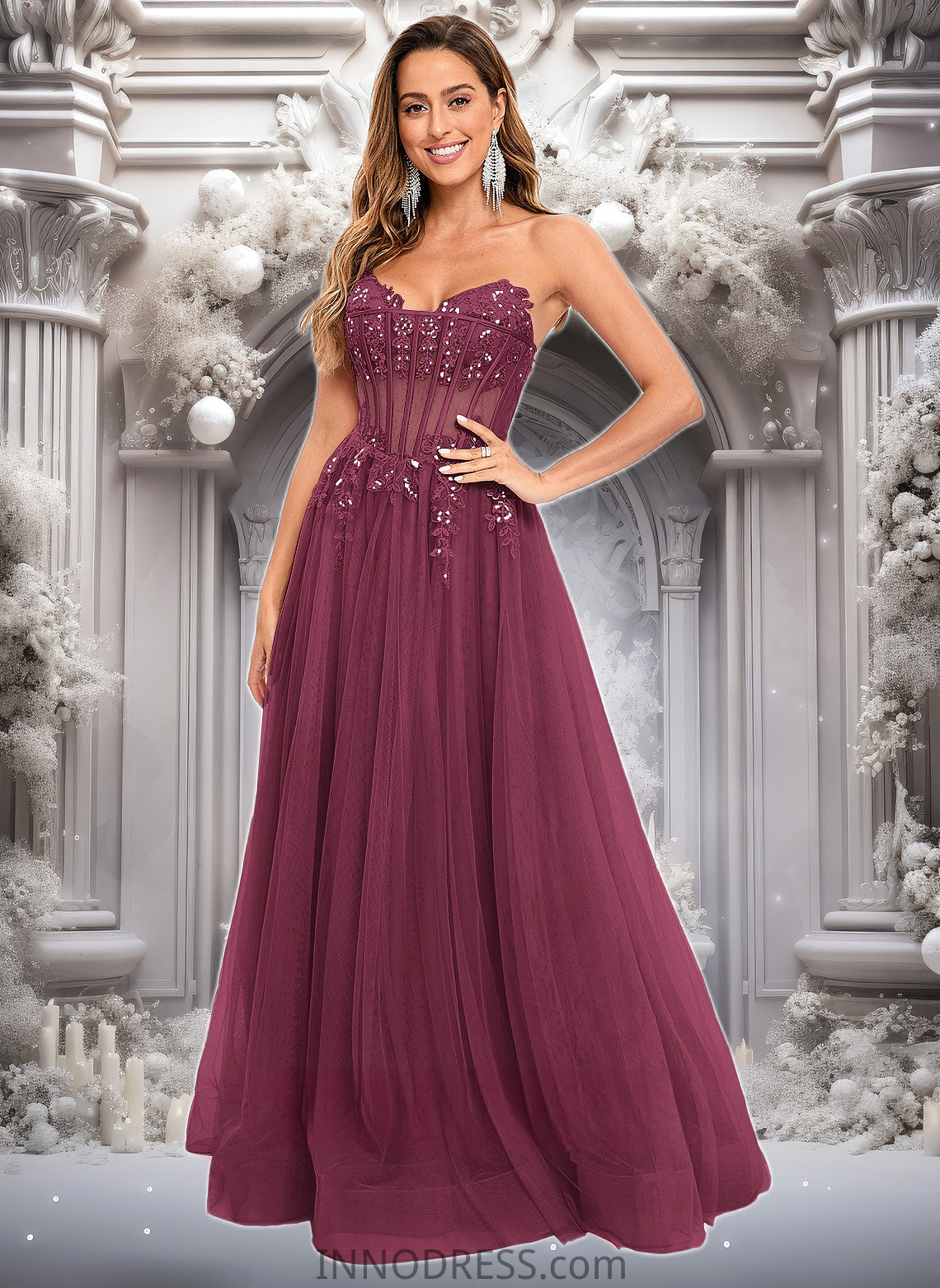 Ina Ball-Gown/Princess V-Neck Floor-Length Tulle Prom Dresses With Sequins Appliques Lace DPP0025837