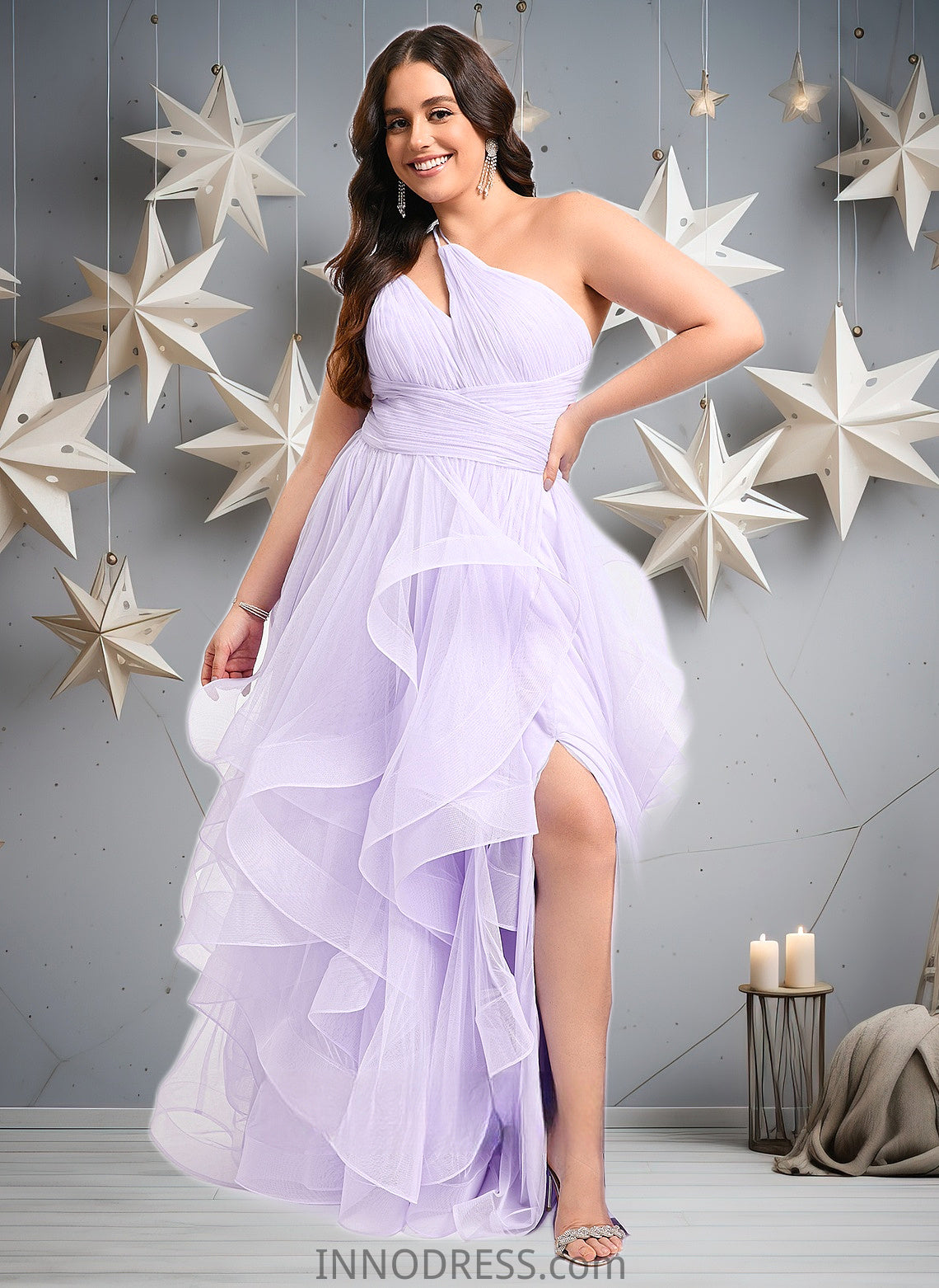 Janet Ball-Gown/Princess Asymmetrical One Shoulder Floor-Length Tulle Prom Dresses DPP0025867