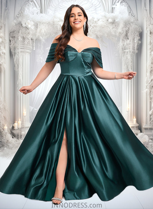 Iris A-line Off the Shoulder Floor-Length Satin Prom Dresses With Pleated DPP0025851