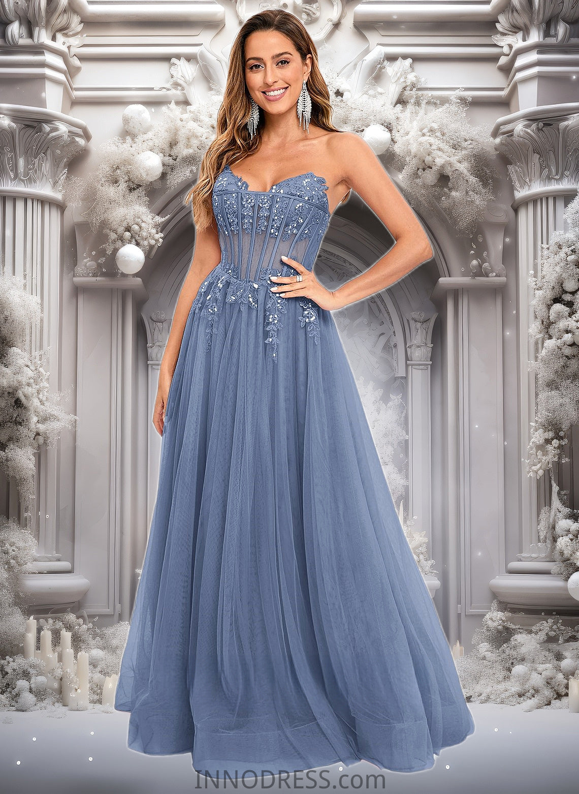 Ina Ball-Gown/Princess V-Neck Floor-Length Tulle Prom Dresses With Sequins Appliques Lace DPP0025837