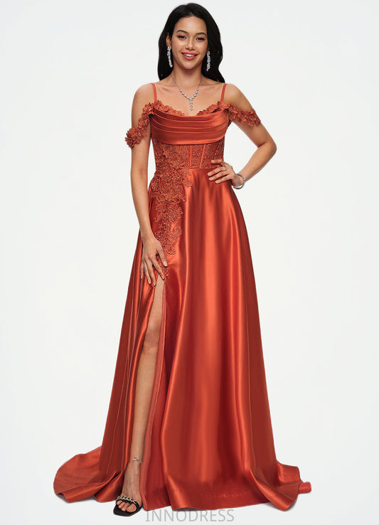 Skyla A-line Off the Shoulder Sweep Train Satin Prom Dresses With Rhinestone DPP0022208