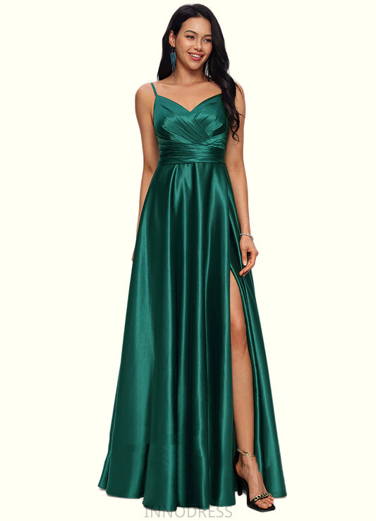 Madeleine A-line V-Neck Floor-Length Stretch Satin Prom Dresses DPP0022211