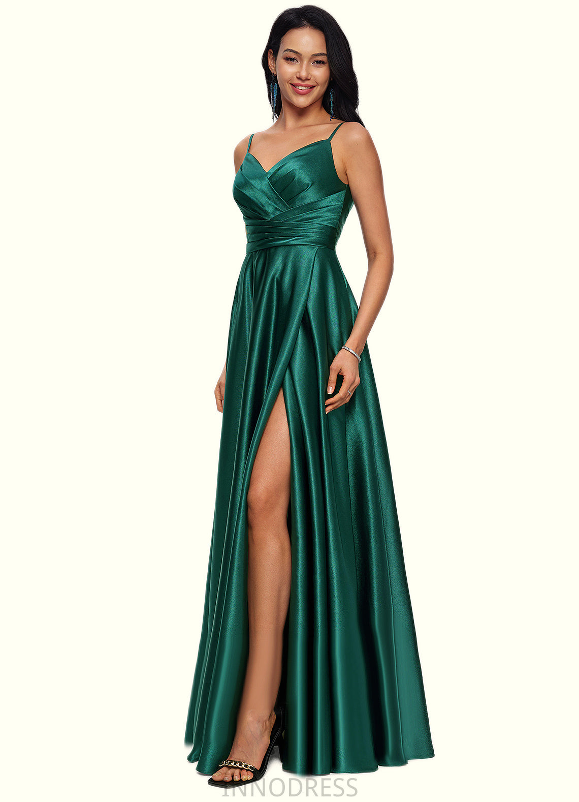 Madeleine A-line V-Neck Floor-Length Stretch Satin Prom Dresses DPP0022211